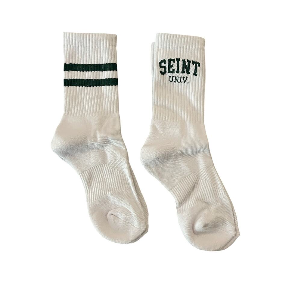 SEINT Crew Socks NEW 2-Pairs Adult White w/ Green Detail Collegiate Streetwear